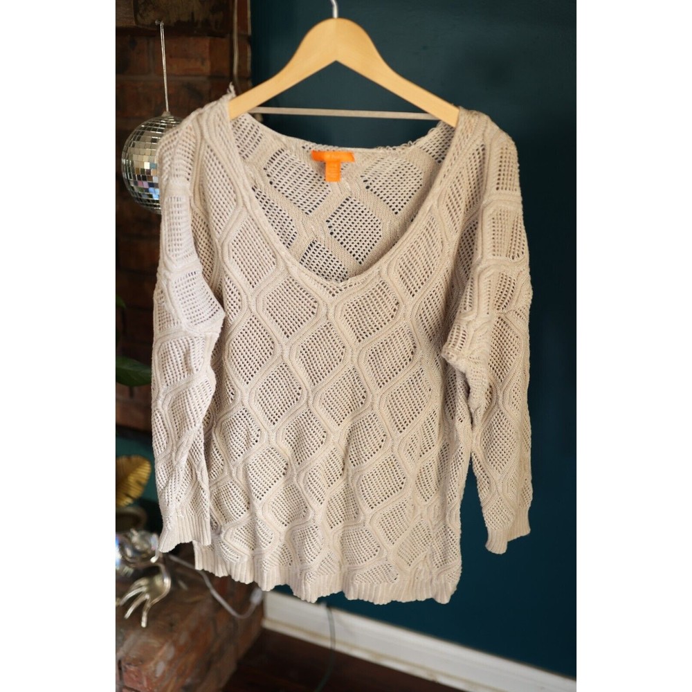 Joe Fresh Womens XL Cream Cable Knit Long Sleeve Shirt Sweater Diamond Pattern